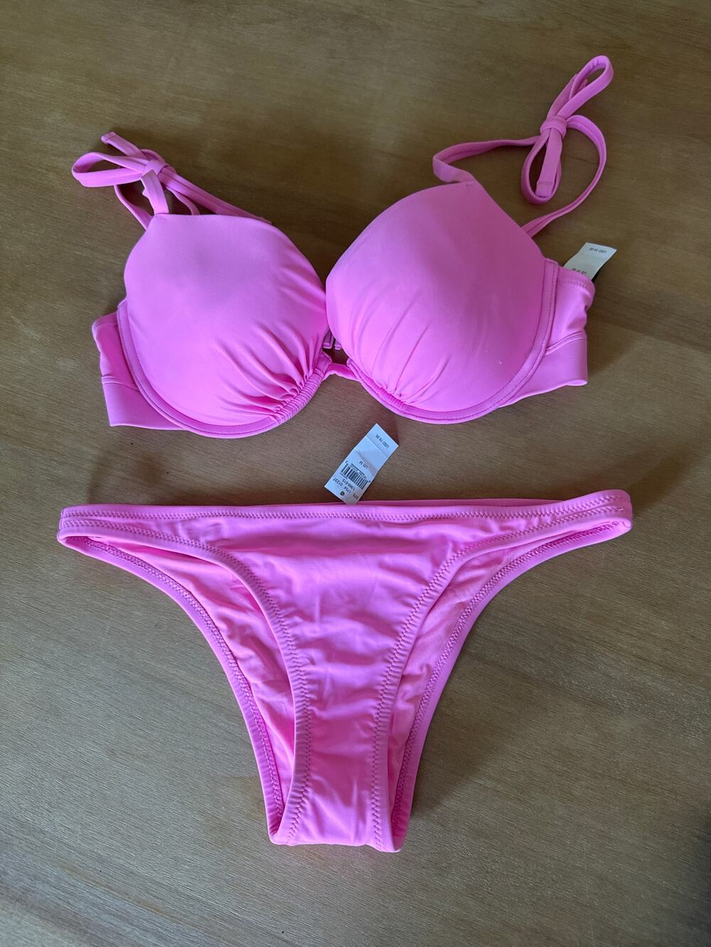 Aerie Bikini Barbie Pink NWT Perkier Push Up 34 DD and Swim Cheekier M